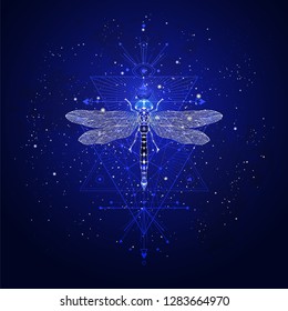 Vector illustration with hand drawn dragonfly and Sacred geometric symbol against the starry sky. Abstract mystic sign. Linear shape. For you design: tattoo, print, posters, t-shirts, textiles.