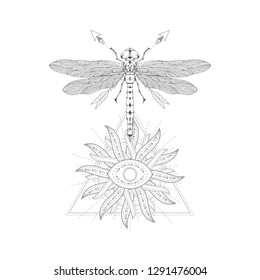 Vector illustration with hand drawn dragonfly and Sacred symbol on white background. Abstract mystic sign. Black linear shape. For you design, tattoo or magic craft.