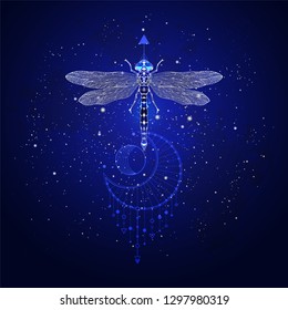 Vector illustration with hand drawn dragonfly and Sacred geometric symbol against the starry sky. Abstract mystic sign. Linear shape. For you design and other.