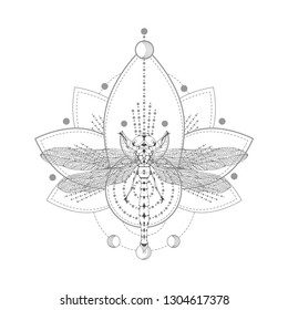 Vector illustration with hand drawn dragonfly and Sacred symbol on white background. Abstract mystic sign. Black linear shape. For you design, tattoo or magic craft.