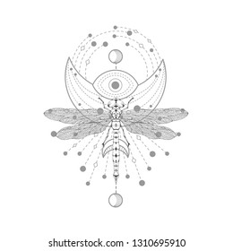 Vector illustration with hand drawn dragonfly and Sacred symbol on white background. Abstract mystic sign. Black linear shape. For you design, tattoo or magic craft.