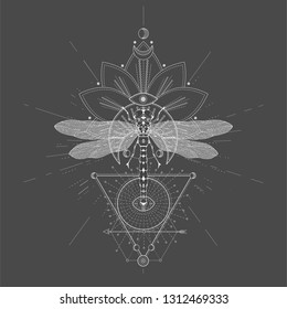 Vector illustration with hand drawn Dragonfly and Sacred symbol LOTUS on black background. Abstract mystic sign. White linear shape. For you design, tattoo or magic craft.