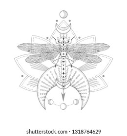 Vector illustration with hand drawn dragonfly and Sacred symbol on white background. Abstract mystic sign. Black linear shape. For you design, tattoo or magic craft.