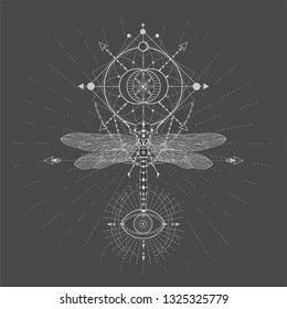 Vector illustration with hand drawn Dragonfly and Sacred geometric symbol on black background. Abstract mystic sign. White linear shape. For you design, tattoo or magic craft.
