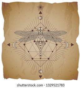 Vector illustration with hand drawn dragonfly and Sacred geometric symbol on vintage paper background with torn edges. Abstract mystic sign. Sepia linear shape. 