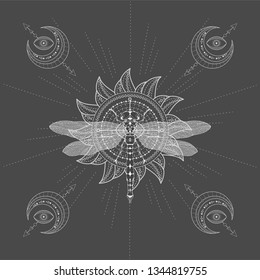 Vector illustration with hand drawn Dragonfly and Sacred symbol SUN on black background. Abstract mystic sign. White linear shape. For you design, tattoo or magic craft.