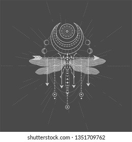 Vector illustration with hand drawn Dragonfly and Sacred symbol on black background. Abstract mystic sign. White linear shape. For you design, tattoo or magic craft.