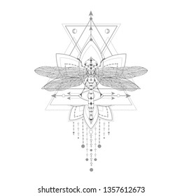 Vector illustration with hand drawn dragonfly and Sacred symbol on white background. Abstract mystic sign. Black linear shape. For you design, tattoo or magic craft.
