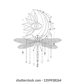 Vector illustration with hand drawn dragonfly and Sacred symbol on white background. Abstract mystic sign. Black linear shape. For you design, tattoo or magic craft.