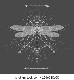 Vector illustration with hand drawn Dragonfly and Sacred geometric symbol on black background. Abstract mystic sign. White linear shape. For you design, tattoo or magic craft.