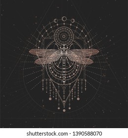 Vector illustration with hand drawn Dragonfly and Sacred geometric symbol on black vintage background. Abstract mystic sign. Gold linear shape. For you design and magic craft.