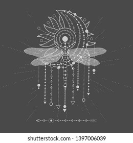 Vector illustration with hand drawn Dragonfly and Sacred symbol on black background. Abstract mystic sign.
