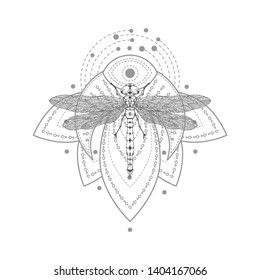 Vector illustration with hand drawn dragonfly and Sacred symbol on white background. Abstract mystic sign. Black linear shape. For you design, tattoo or magic craft.