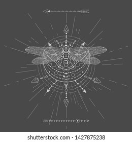 Vector illustration with hand drawn Dragonfly and Sacred symbol on black background. Abstract mystic sign. White linear shape. For you design, tattoo or magic craft.