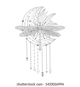 Vector illustration with hand drawn dragonfly and Sacred symbol on white background. Abstract mystic sign.  Black linear shape. For you design, tattoo or magic craft.