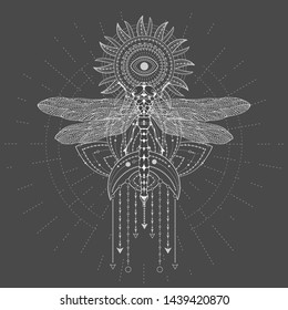 Vector illustration with hand drawn Dragonfly and Sacred symbol SUN on black background. Abstract mystic sign. White linear shape. For you design, tattoo or magic craft.
