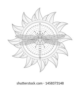 Vector illustration with hand drawn dragonfly and Sacred symbol on white background. Abstract mystic sign. Black linear shape. For you design, tattoo or magic craft.