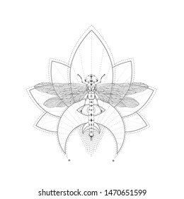 Vector illustration with hand drawn dragonfly and Sacred symbol on white background. Abstract mystic sign. Black linear shape. For you design, tattoo or magic craft.