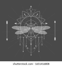 Vector illustration with hand drawn Dragonfly and Sacred symbol LOTUS on black background. Abstract mystic sign. White linear shape. For you design, tattoo or magic craft.