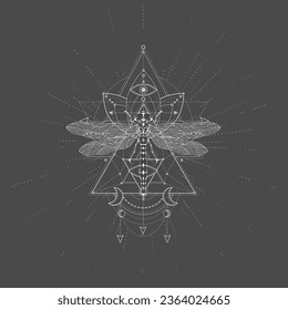 Vector illustration with hand drawn Dragonfly and Sacred symbol LOTUS on black background. Abstract mystic sign. White linear shape. 