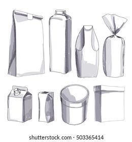 Vector illustration of Hand drawn, drawing  package, bag all types for food. Brown Packing box, bottle, milk, sweet, paper bag. Template for your design.