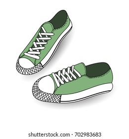 Vector Illustration Of Hand Drawn, Drawing, Sport Shoes For Tennis, Trainers, Sneakers. Casual Style. Doodle Design, Element For Logo.