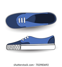 Vector illustration of hand drawn, drawing, blue sport shoes for tennis, trainers, sneakers. Casual style. Doodle design, element for logo.