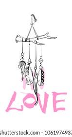 Vector illustration with hand drawn dream catcher with pink accent. Feathers and beads on the horn. Love lettering