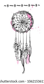 Vector illustration with hand drawn dream catcher with pink accents. Feathers and beads