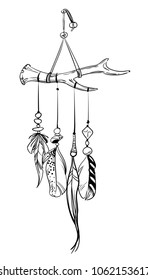 Vector illustration with hand drawn dream catcher. Feathers and beads on the horn