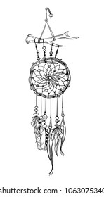 Vector illustration with hand drawn dream catcher. Feathers and beads. Black lines