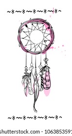 Vector illustration with hand drawn dream catcher with pink accents. Feathers and beads