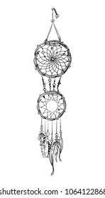 Vector illustration with hand drawn dream catcher. Feathers and beads