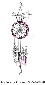 Vector illustration with hand drawn dream catcher with pink accents. Feathers and beads