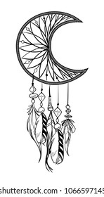 Vector illustration with hand drawn dream catcher. Feathers and beads