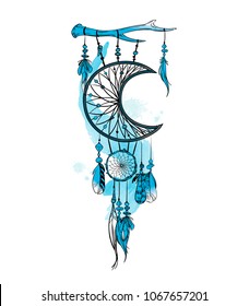Vector illustration with hand drawn dream catcher and watercolor stains. Feathers and beads
