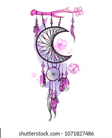 Vector illustration with hand drawn dream catcher and watercolor stains. Feathers and beads