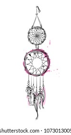 Vector illustration with hand drawn dream catcher with pink accents. Feathers and beads
