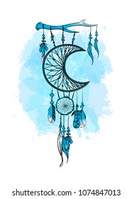 Vector illustration with hand drawn dream catcher and watercolor stains. Feathers and beads