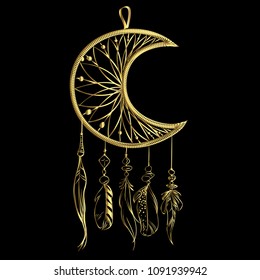 Vector illustration with hand drawn dream catcher isolated on a black background. Luxury golden feathers and beads