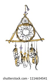 Vector illustration with hand drawn dream catcher. Watercolor brush strokes. Ornate ethnic items, feathers, beads
