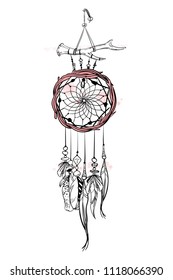 Vector illustration with hand drawn dream catcher. Watercolor brush strokes and stains. Ornate ethnic items, feathers, beads