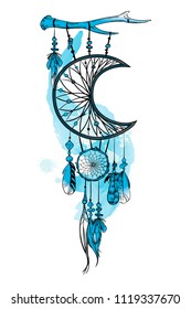 Ilustración vectorial con el captador de sueños dibujado a mano. Pinceladas y manchas de pincel de color de agua. Ornate objetos étnicos, plumas, cuentas