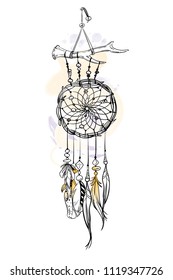 Vector illustration with hand drawn dream catcher. Watercolor brush strokes and stains. Ornate ethnic items, feathers, beads