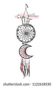 Vector illustration with hand drawn dream catcher. Watercolor brush strokes and stains. Ornate ethnic items, feathers, beads