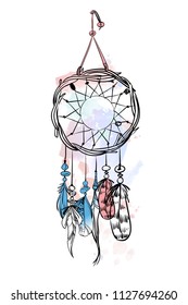 Vector illustration with hand drawn dream catcher. Watercolor brush strokes and stains. Ornate ethnic items, feathers, beads
