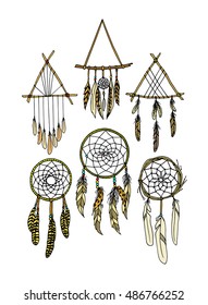 Vector illustration of hand drawn dreamcatchers. Ancient native american sacred symbol. Beautiful ethnic design elements.