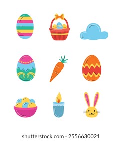 Vector Illustration of Hand Drawn Easter Elements. Set of Eggs, Bunnies, and Floral Designs