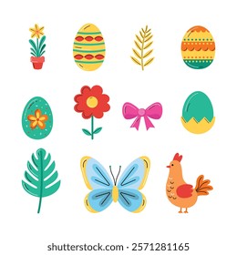 Vector Illustration of Hand Drawn Easter Elements. Set of Eggs, Bunnies, and Floral Designs.