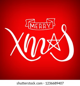 Vector illustration. Hand drawn elegant modern brush lettering of Merry Christmas isolated on red background. 